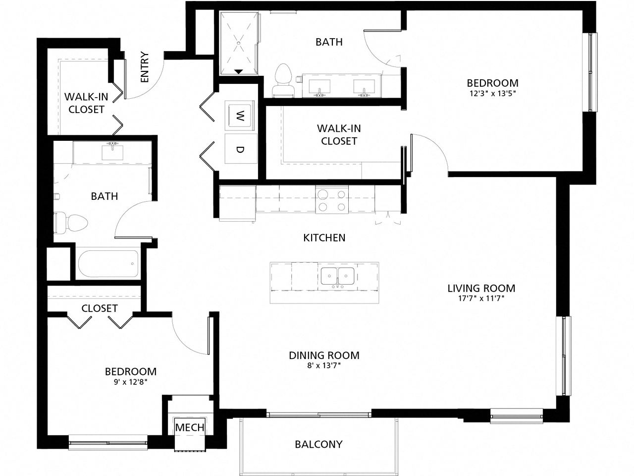 Floor plan for 2 beds, 2 baths, 1228 sqft